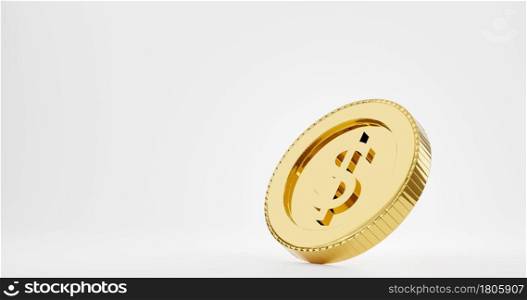 Realistic gold coin dollar sign, golden money one coin isolated on white background, 3D rendering illustration
