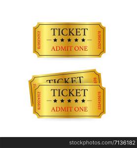 Realistic golden show ticket. Old premium cinema entrance tickets. Realistic golden show ticket. Old premium cinema entrance tickets.