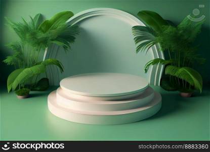Realistic Illustration Natural 3D Podium with soft Green for product scene