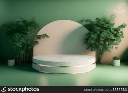 Realistic Illustration Natural 3D Render Podium with soft Green for product presentation