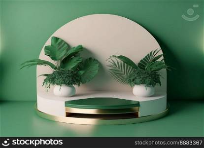 Realistic Illustration Natural 3D Render Podium with soft Green for product scene