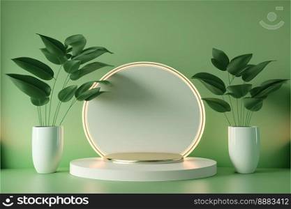 Realistic Illustration Nature 3D Render Podium with soft Green for product presentation