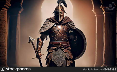 Realistic illustration of a fierce gladiator attacking. An armoured roman gladiator in combat wielding a sword charging towards his enemy. Ai generative illustration. . Realistic illustration of a fierce gladiator attacking. An armoured roman gladiator in combat wielding a sword charging towards his enemy. Ai generative. 