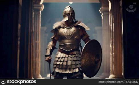 Realistic illustration of a fierce gladiator attacking. An armoured roman gladiator in combat wielding a sword charging towards his enemy. Ai generative illustration. . Realistic illustration of a fierce gladiator attacking. An armoured roman gladiator in combat wielding a sword charging towards his enemy. Ai generative. 
