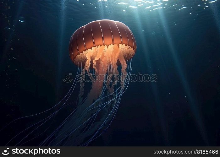 Realistic jellyfish in the depths of the ocean with lightbeams from above created with generative AI technology