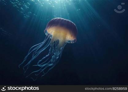 Realistic jellyfish in the depths of the ocean with lightbeams from above created with generative AI technology