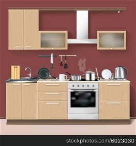 Realistic Kitchen Interior . Realistic kitchen interior modern design concept with furniture oven and household utensils vector illustration