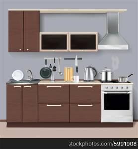 Realistic Kitchen Interior. Realistic kitchen interior with cupboards cooker hood and sink vector illustration