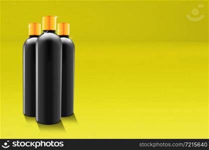 Realistic Lotion Cream and Shampoo black Bottle 3D Illustration Mockup Scene on Isolated Background. fit for your design element.