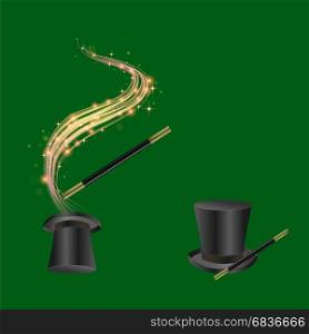 Realistic Magic Wand and Hat with Starry Lights on Green Background. Realistic Magic Wand and Hat