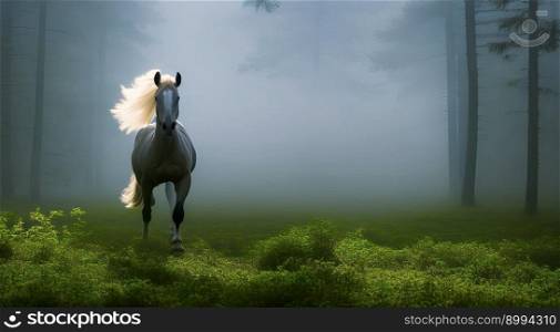 Realistic mesmerizing Illustration of beautiful backlit brown stallion standing in green woods, created with Generative AI technology