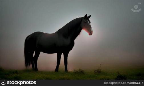 Realistic mesmerizing Illustration of beautiful brown stallion silhouetted against fog grey brown green undertone, created with Generative AI technology