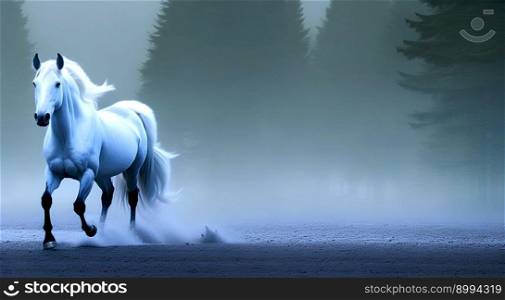 Realistic mesmerizing Illustration of galloπng beautiful white stallion in fog with blue gray underto≠, created with Ge≠rative AI technology