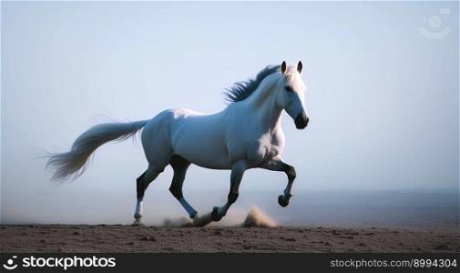 Realistic mesmerizing Illustration of galloping beautiful white stallion in fog with blue gray undertone, created with Generative AI technology