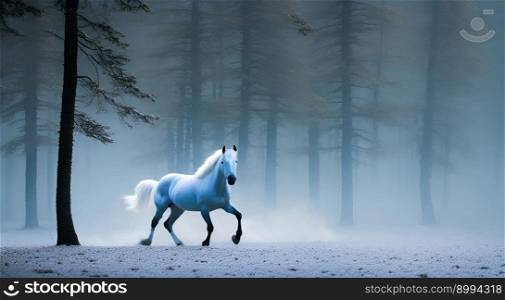 Realistic mesmerizing Illustration of galloping beautiful white stallion in fog with blue gray undertone, created with Generative AI technology