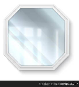 Realistic mirror. 3D reflective glass surface in white frame. Geometric polygonal shape. Isolated hanging on wall interior element. Bathroom or bedroom furniture. Vector apartment furnishing object. Realistic mirror. 3D reflective glass surface in frame. Geometric polygonal shape. Hanging on wall interior element. Bathroom or bedroom furniture. Vector apartment furnishing object