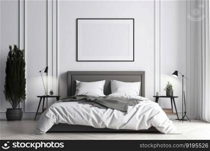 Realistic mockup poster frame showcasing art and design in a modern bedroom. The light wood textures, bohemian pattern, and green plant create a relaxed atmosphere. This is an AI generative mockup.