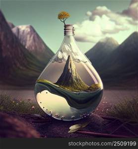 Realistic mountain in a bottle illustration.  AI generated.