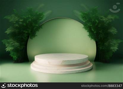 Realistic Natural 3D Render Podium with soft Green for product display