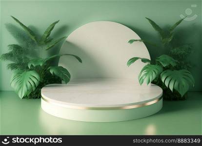Realistic Natural 3D Render Podium with soft Green for product presentation