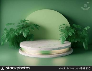 Realistic Natural 3D Render Podium with soft Green for product promotion
