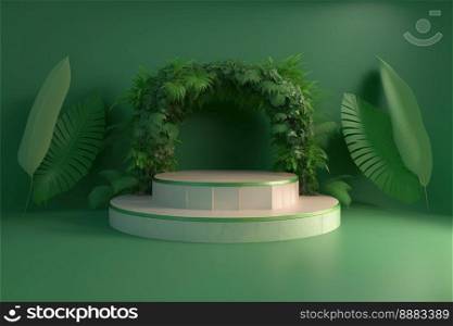 Realistic Nature 3D Podium with soft Green for product presentation