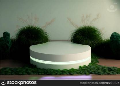 Realistic Nature 3D Render Podium with soft Green for product presentation