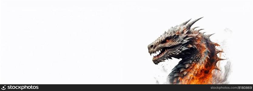 Realistic portrait of gray scary dragon in flames. Year of the Dragon. Long banner with copy space.. Realistic portrait of gray scary dragon in flames. Year of the Dragon. Long banner with copy space
