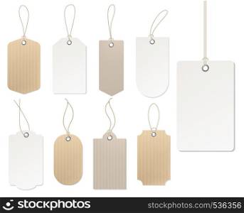 Realistic price tag. Cardboard label, paper sale tags mockup blank labels template shopping gift empty stickers with ropes tags vector set. Realistic price tag. Cardboard label, paper sale tags mockup blank labels template shopping gift empty stickers with ropes vector set