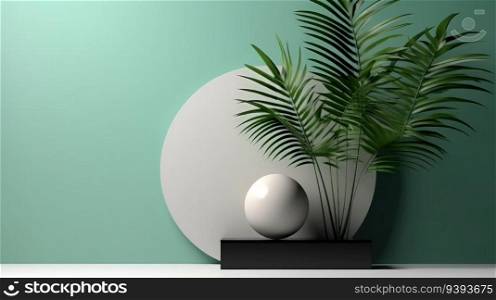 realistic round product pedestal podium 3D background with arch scene and green leaf. Minimal wall scene. Product presentation, mock up, show cosmetic product.