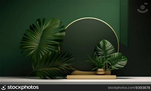 realistic round product pedestal podium 3D background with arch scene and green leaf. Minimal wall scene. Product presentation, mock up, show cosmetic product.
