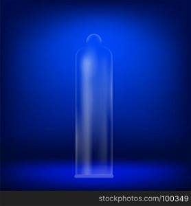 Realistic Rubber Condom on Blurred Blue Background. Realistic Rubber Condom