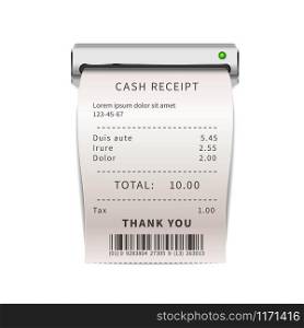 Realistic sales receipt coming out from machine, white shopping bill with text. Paper financial check isolated on white. Realistic sales receipt coming out from machine, white shopping bill with text. Paper financial check on white