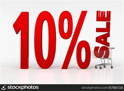 Realistic shopping cart with ten percent discount sign on white background. 3D render