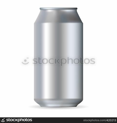 Realistic silver aluminum can isolated on a white background. Realistic silver aluminum can