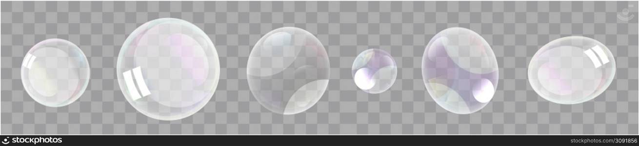 Realistic soap bubbles with rainbow reflection set isolated. Vector illustration. Realistic soap bubbles with rainbow reflection set isolated.