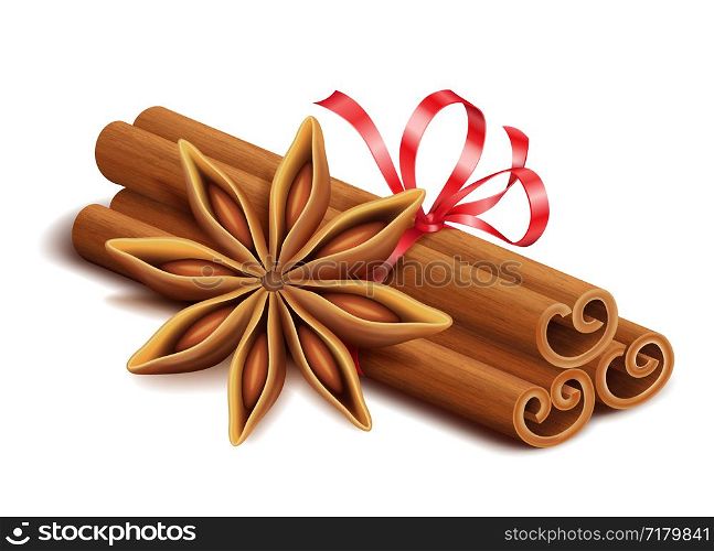 Realistic spices for Christmas mulled wine or coffee drinks, cinnamon sticks and anise star isolated on white background, vector illustration. Realistic spices, cinnamon sticks and anise star isolated