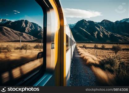 Realistic Train on Mountain Background. Illustration Generative AI