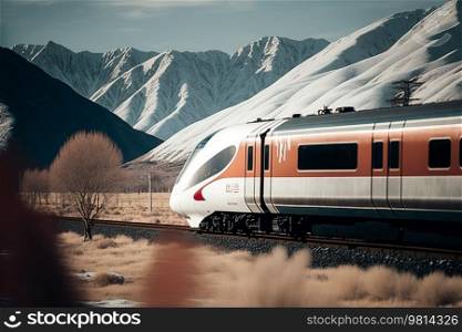 Realistic Train on Mountain Background. Illustration Generative AI
