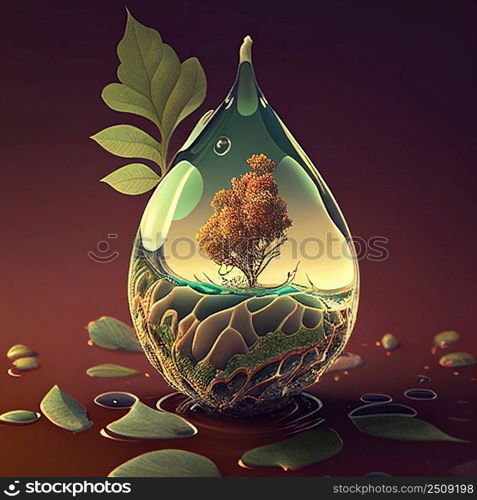 REalistic tree in a drop illustration. AI generated.