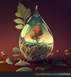 REalistic tree in a drop illustration. AI generated.