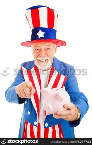 Realistic Uncle Sam holding a piggy bank and asking for donations. Isolated on white.
