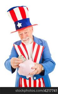 Realistic Uncle Sam saving money in his piggy bank. Metaphor for American economy. Isolated