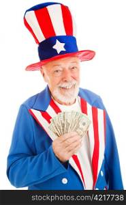 Realistic Uncle Sam smiling and holding a hand full of cash. Isolated on white.