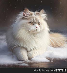 Realistic White Fluffy Cat In Snow Winter Background