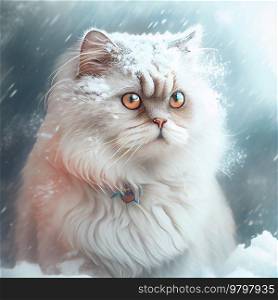 Realistic White Fluffy Cat In Snow Winter Background