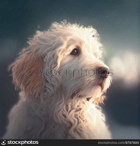 Realistic White Fluffy Dog In Snow Winter Background