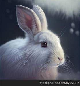 Realistic White Fluffy Rabbit In Snow Winter Background