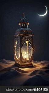 Realistics lantern Eid Greetings, Crescent Moon and Illuminated Lanterns on a Serene Background.