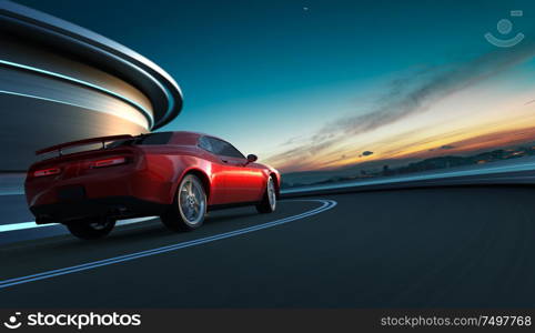 Rear angle view of a generic red brandless American muscle car in a city street road with motion blur . Transportation concept . 3D Rendering . Mixed media .